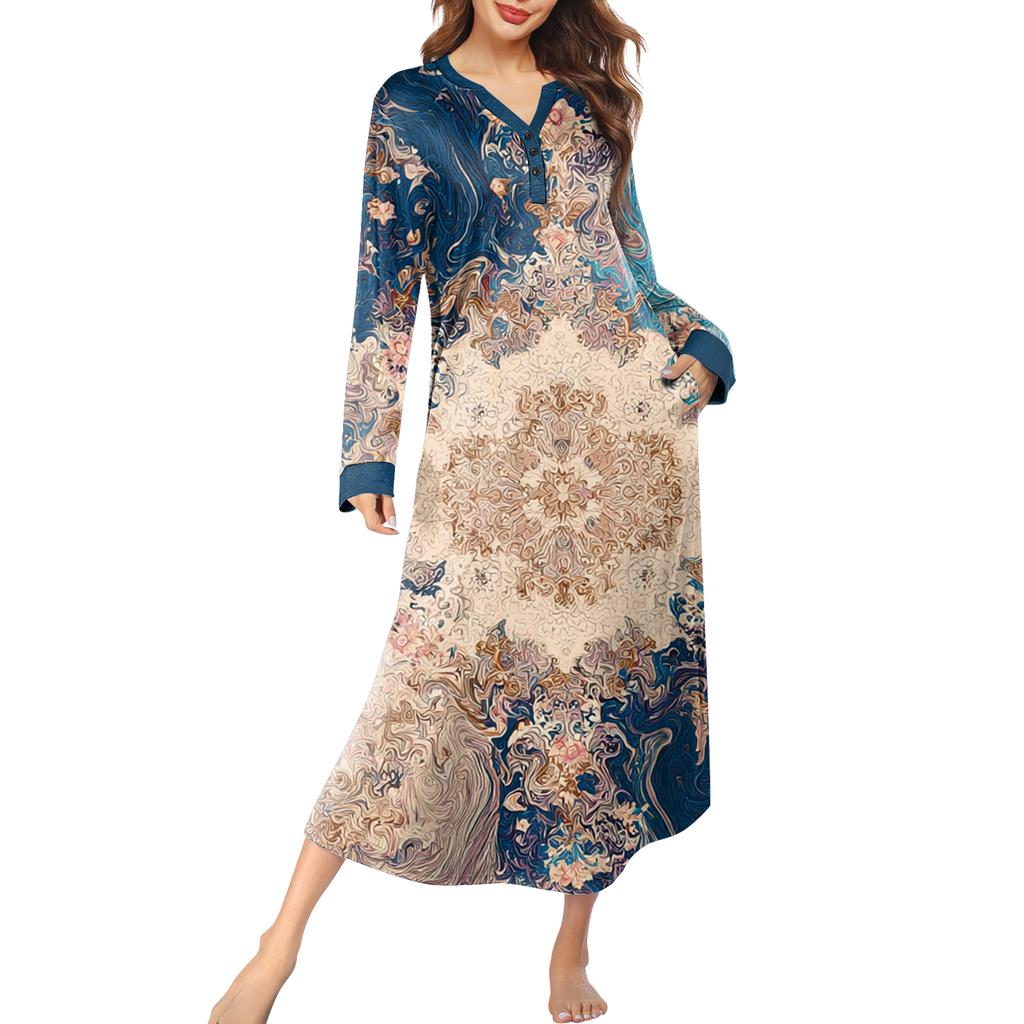 Dámská noční košile dlouhá společenská V-výstřih noční košile s kapsami