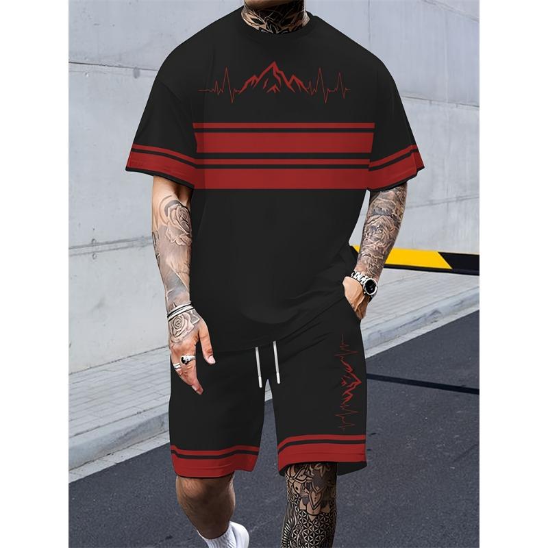 Ensemble Deux Pièces Homme Casual Été 2025 T-shirt Manches Courtes Imprimé Rayures Ensemble Short de Sport Ensemble Fitness