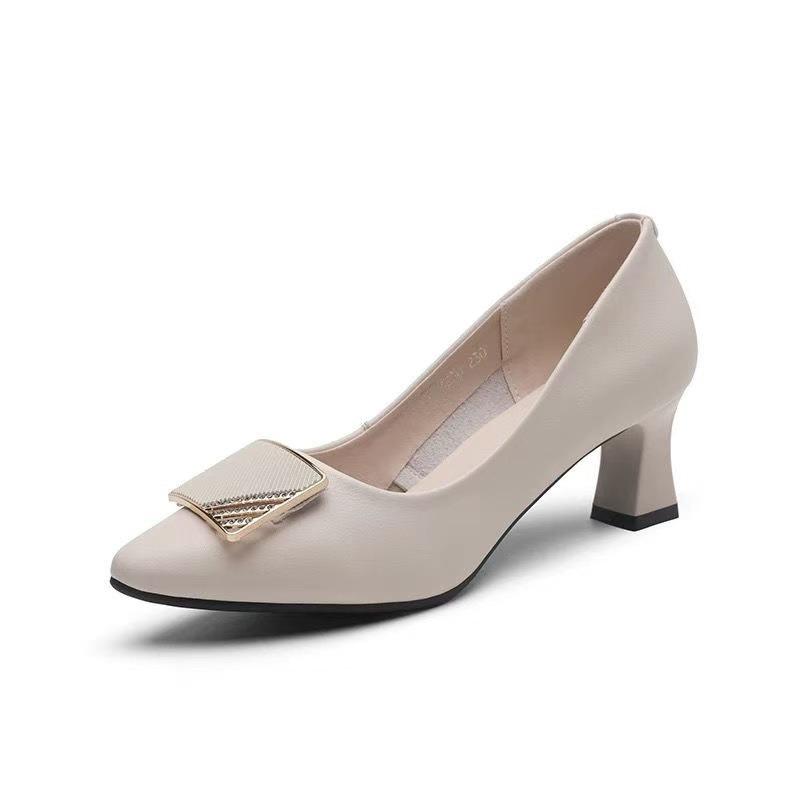 Pointed Thick Heel Commuter Soft Leather Work Shoes Spring New Comfortable Not Tired Feet Fashionable Versatile Single Shoes Women