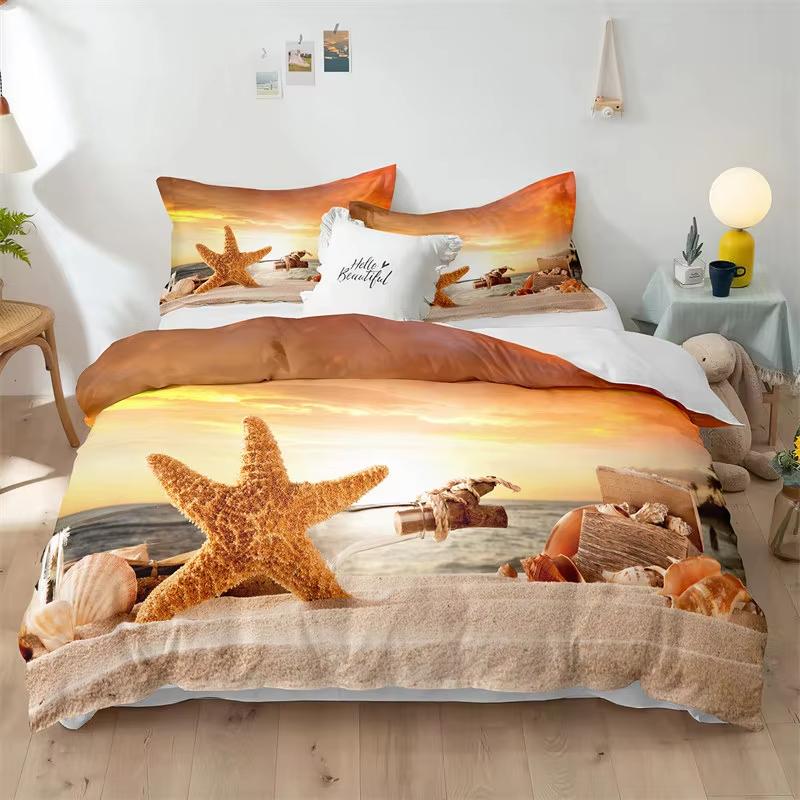 Beach Duvet Cover Set Seashell Starfish Bedding Set Microfiber Conch Scallop Print Comforter Cover Double Full For Kids Adults