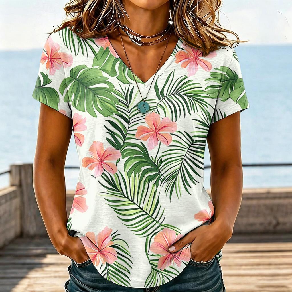 Women's Casual V Neck Short Sleeve Hawaiian Print Top T Shirt Lightweight Summer Blouse Relaxed Fit Soft Fabric