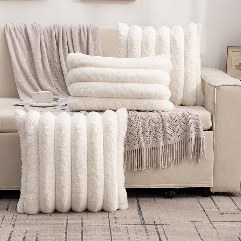 Faux Rabbit Velvet Wide Striped Pillowcase 2 Pcs Nordic Solid Warm Pillow Cases for Autumn Winter Soft Cushion Cover for Home