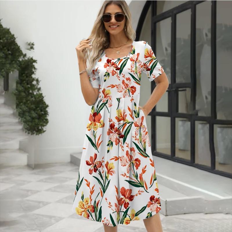 2024 Лето Европа и США Новая женская мода Элегантное платье с принтом, круглым вырезом, коротким рукавом и молнией S