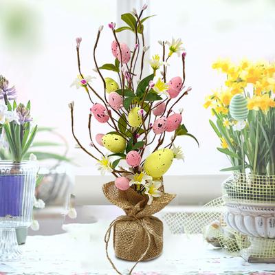 Easter Tabletop Tree Decoration Fake Silk Flowers & Mini Colorful Easter Egg Tree Branch Ornament Wrapped On Wood Base Creative Photography