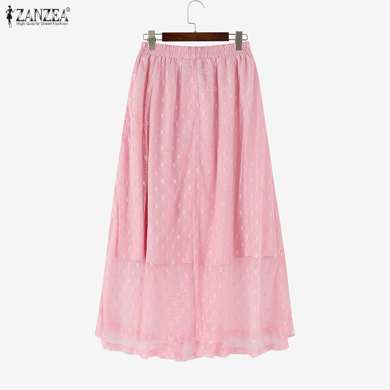 ZANZEA Women Casual Elastic Waist Loose Mesh Tulle Skirts