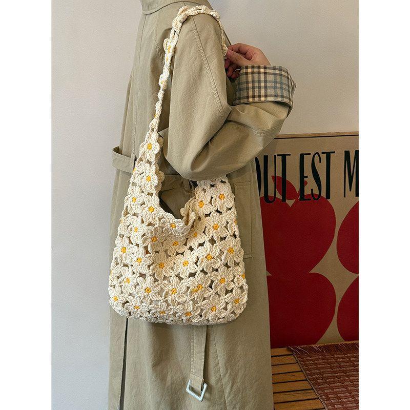 Sac fourre-tout en tricot, Sac à bandoulière unique fait main style rural, Sac style vacances pour le trajet