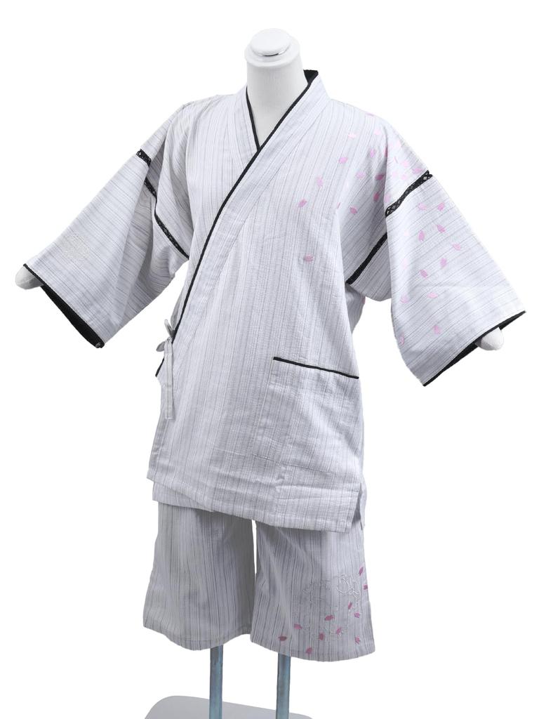 Unisex Jinbei Shijira Weave Cherry Blossom Embroidery Jinbei White White Size [Sara] S-LL Js-23 (L Size)