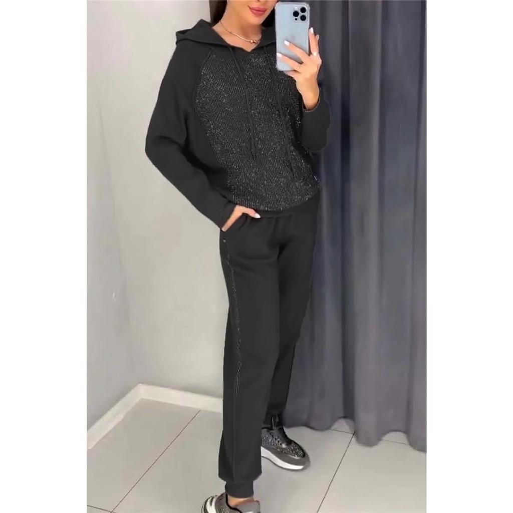 Women's Sets Plus Size Solid Color Long Sleeves with Pockets Rhinestone Hooded Sweatshirt Trousers 2 Piece Set
