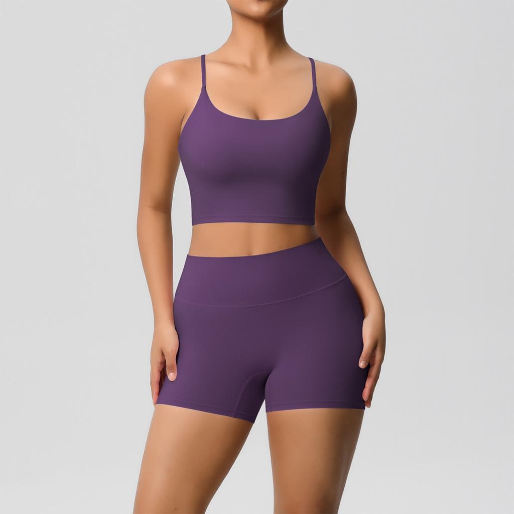 Women's Fashion Solid Color Back Top Tight Breathable Yoga Clothing Sports Running Fitness Shorts Set