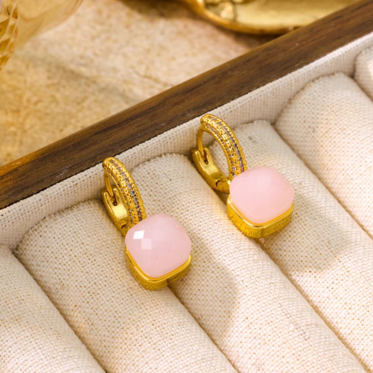 Japanese Korean Full Geometric Block Earrings Women Simple Pink Purple Light Luxury Temperament High-end Zircon