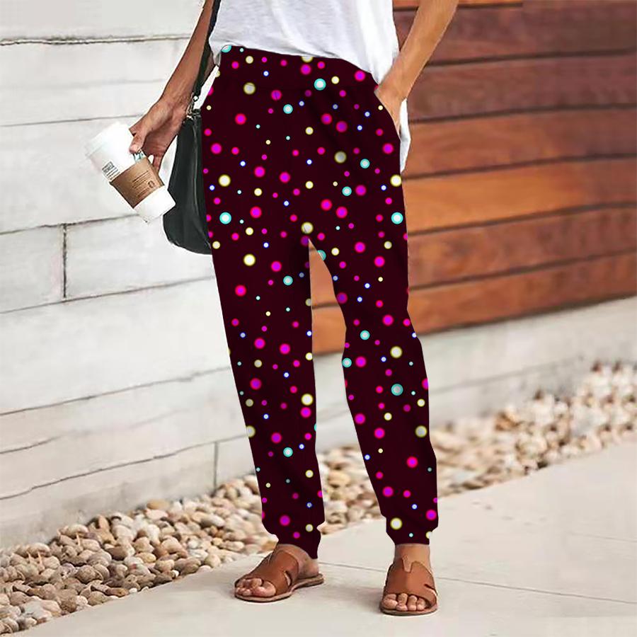 Women Polka Dot Printing Pants Lace Up Elastic Waist Loose  Trousers Casual Long Pants Trousers with Pockets