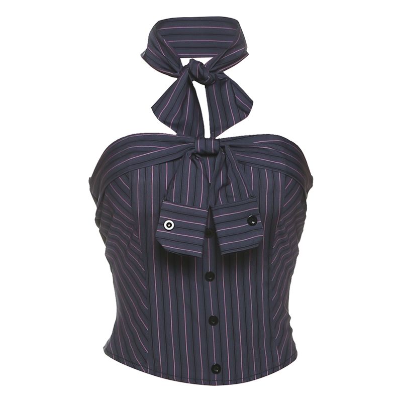 

# Sisjuly# European and American Sexy Machine Sister Stripe Button Design Bow Hanging Neck Decoration Slim fit Tube Top Women Summer Black S