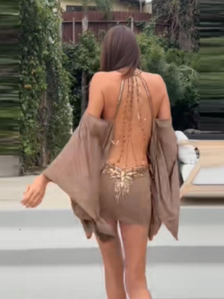 Autumn 2026 Women's Sexy Open-Back Hip-Hugging Dress with Batwing Sleeves and Cinched Waist