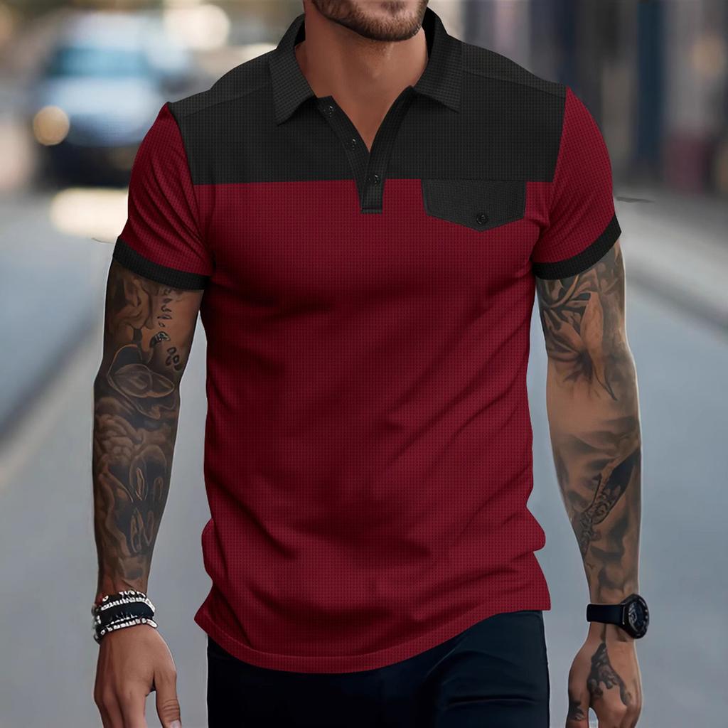 Men's Summer Color-blocked Lapel Pocket Short-sleeve T-shirt Casual Sporty Top