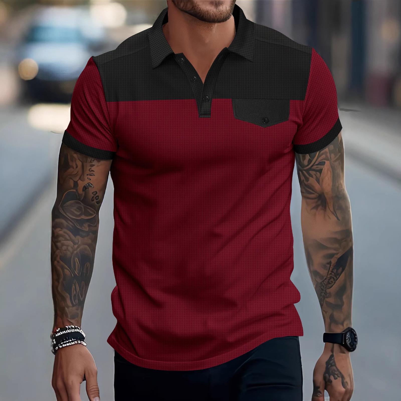 

Men s Summer Color-blocked Lapel Pocket Short-sleeve T-shirt Casual Sporty Top XL винний