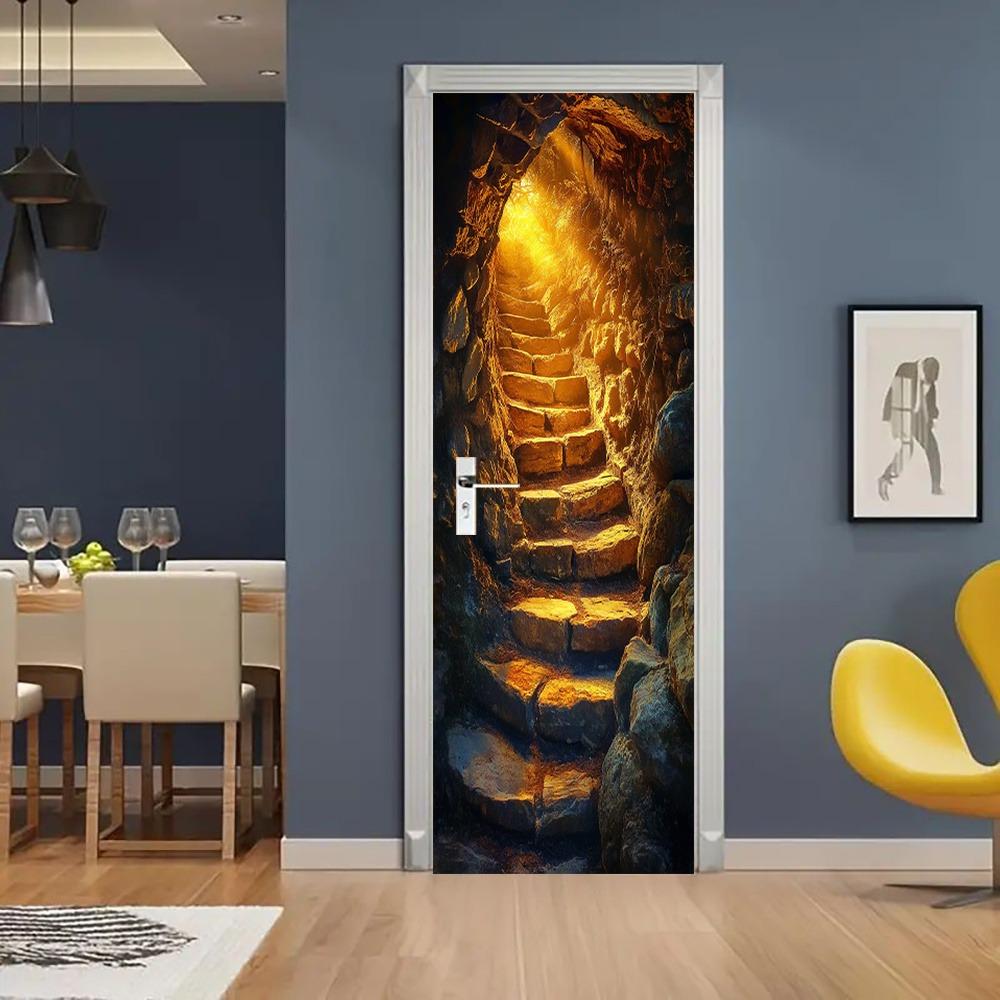 Cave scenery door stickers, suitable for bedrooms, living rooms, and bathrooms; natural landscape wall stickers.