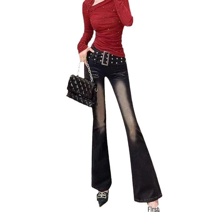 Women's Slimming Retro Flare Jeans with Wide Waistband – Versatile Floor-Length Horseshoe Pants for Spring and Autumn