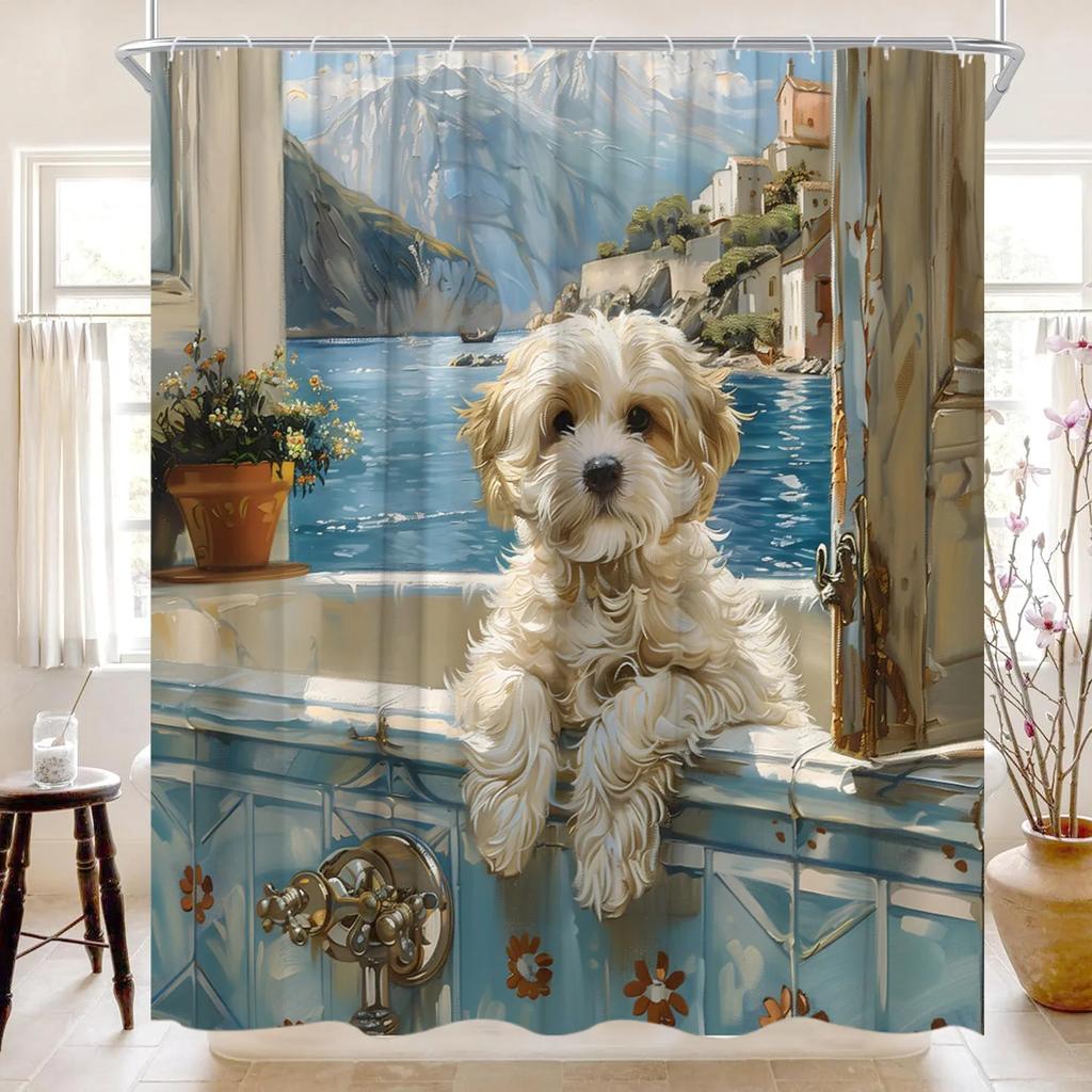 Funny Highland Cow Shower Curtain Farm Cartoon Pig Dog Flower Plant Rustic Farmhouse Kid Polyester Fabric Bathroom Decor Curtain