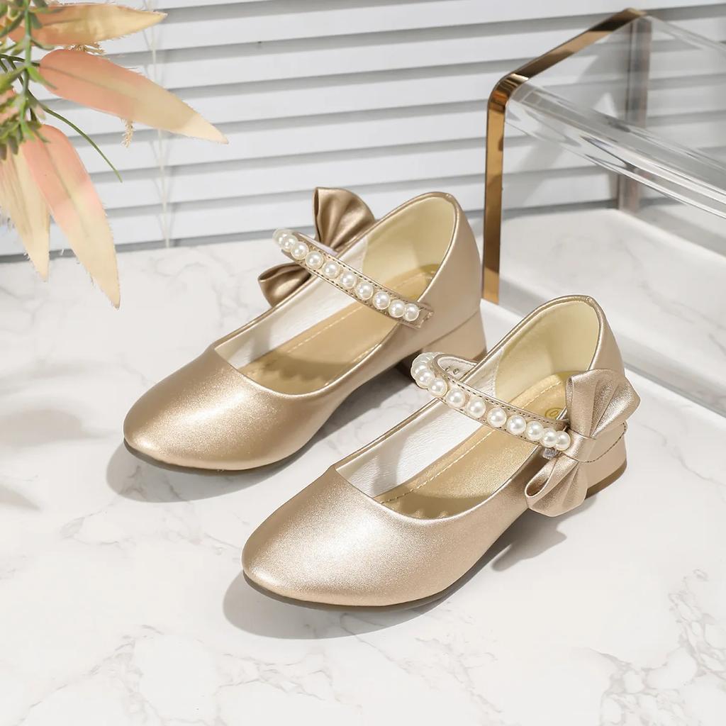 Children's Leather Shoes Elegant Girl Princess Shoes with Bowknot Fashion Chic Versatile Kids Party High-heels Shoes Black White