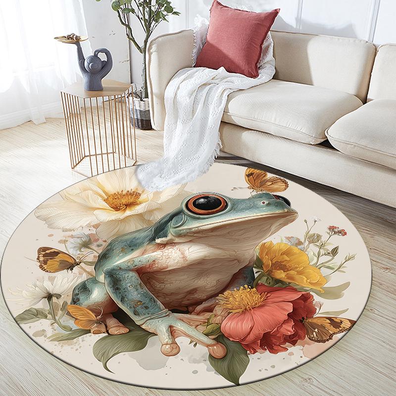 Frog and Fresh Flowers pattern round rug,Carpet Rug for Living Room Bedroom Sofa Playroom Decor,Non-slip Floor Mat,Holiday Gifts and Birthday Gifts