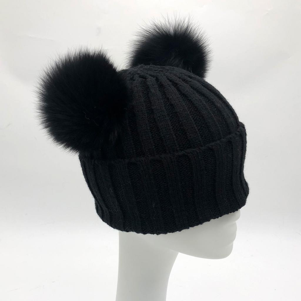 Custom Labels Double Pom Pom Baby Toddler Children Winter Beanie Knitted Hats With Fur Pompom