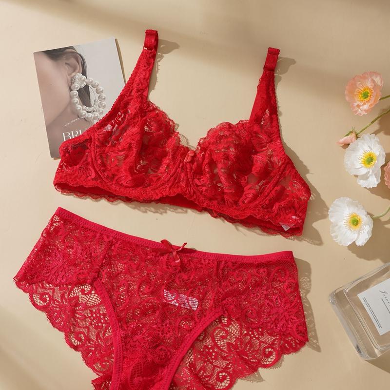 Women's Hollow Non-Padded Underwire Bra Sets 2PCS Sexy Ultra-Thin Lace Push Up Bra Panty Set for Women