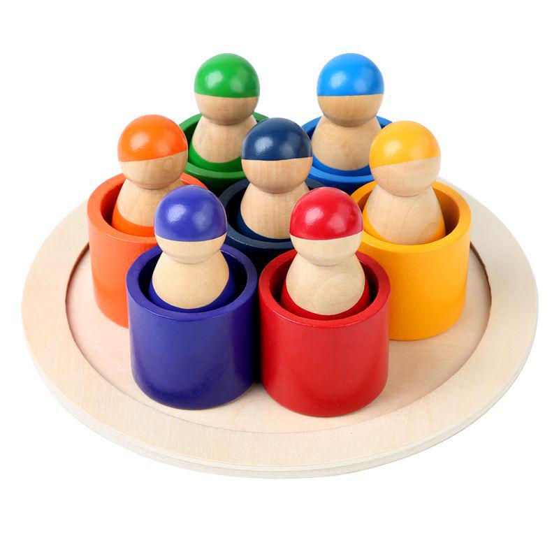 Wooden Rainbow House Block Set for Kids - Early Education Stacking Toy