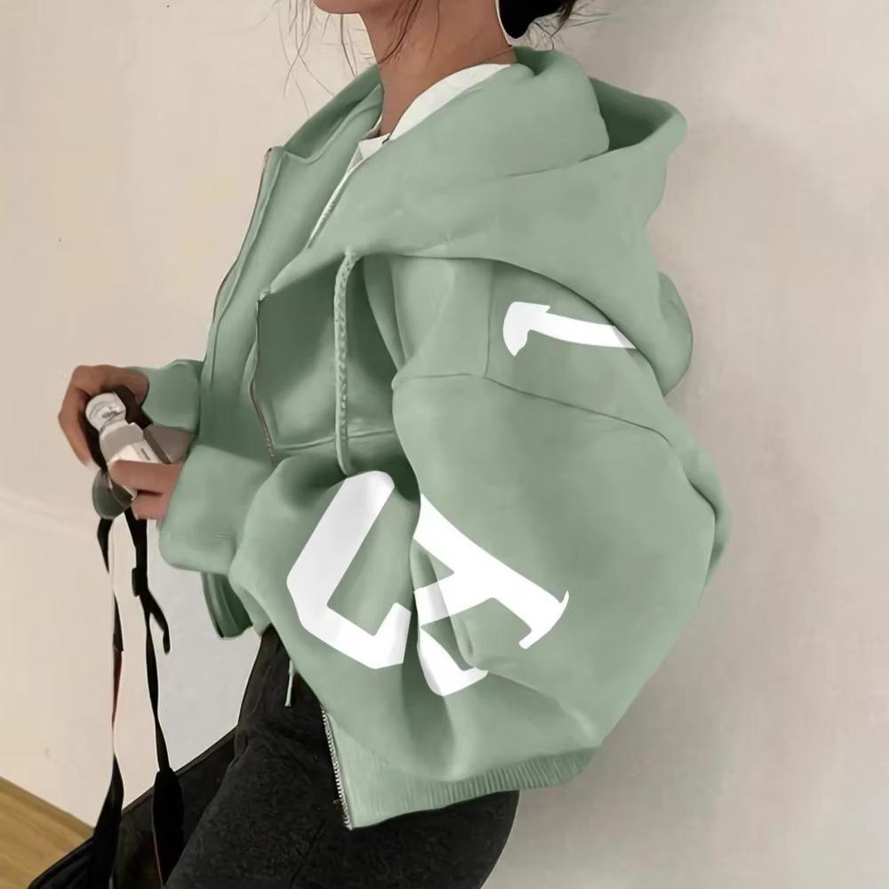 Women Y2K Crop Zip Up Hoodie Letter Print Oversized Long Sleeve Hooded Sweatshirt Casual Streetwear Short Jacket Outerwear