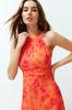 Women's Fashion New Dress Orange Floral Pattern A-Line Halter Neck Lined Midi Woven Dress