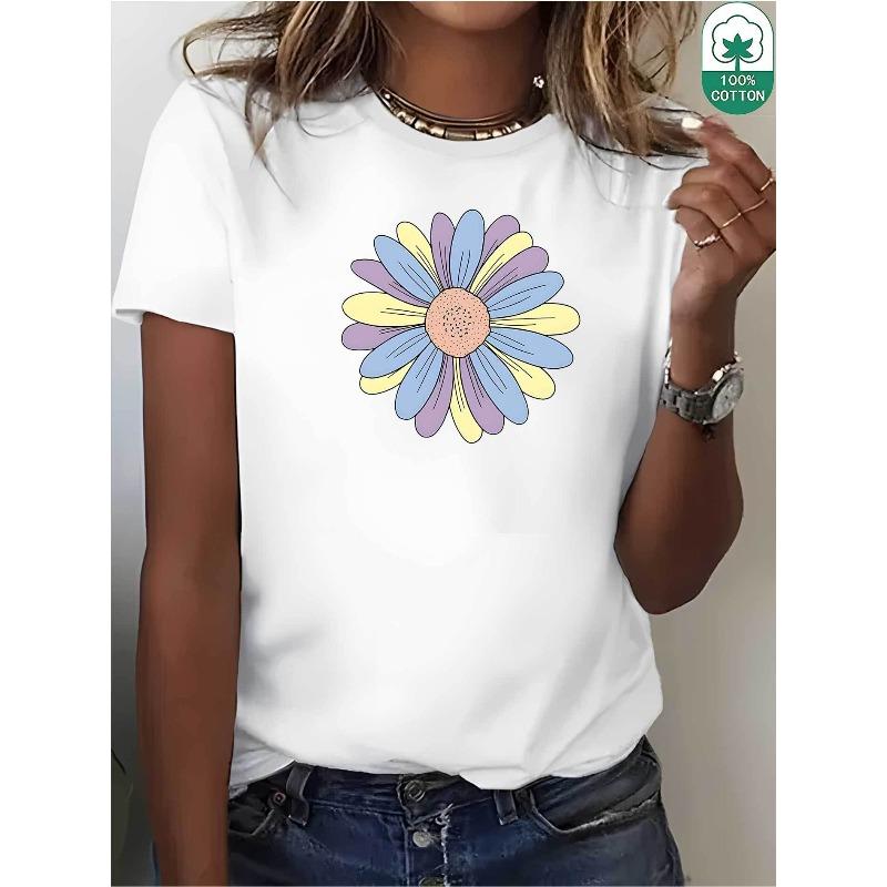 

Women s Black White Floral Print T-Shirt Summer Regular Fit Soft Stretch Casual Daily Travel Leisure Top S белый