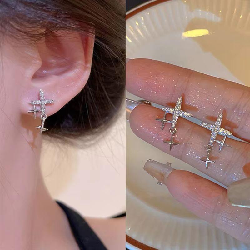 Silver Color Female Luxury Crystal Cross Star Stud Earrings Vintage Wedding Jewelry White Zircon Stone Earrings Jewelry Gifts
