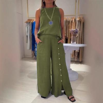 Women's Cotton Linen Two Piece Outfit Crew Neck Sleeveless Top Wide Leg Split Button Pants with Pockets Casual Lounge Set