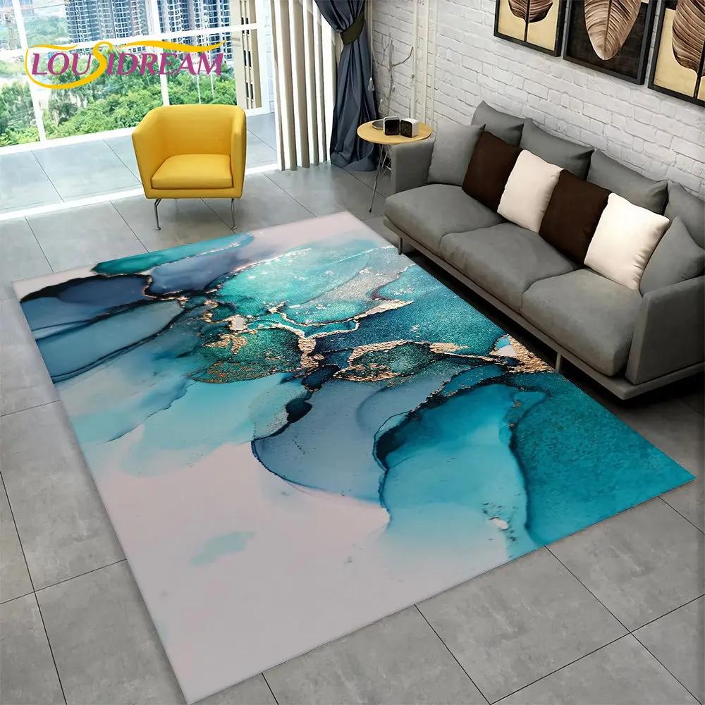 Nordic Blue Golden Colour Marble Geometric Area Rug,Carpet Rug for Living Room Bedroom Sofa Doormat Decor,Kid Non-slip Floor Mat