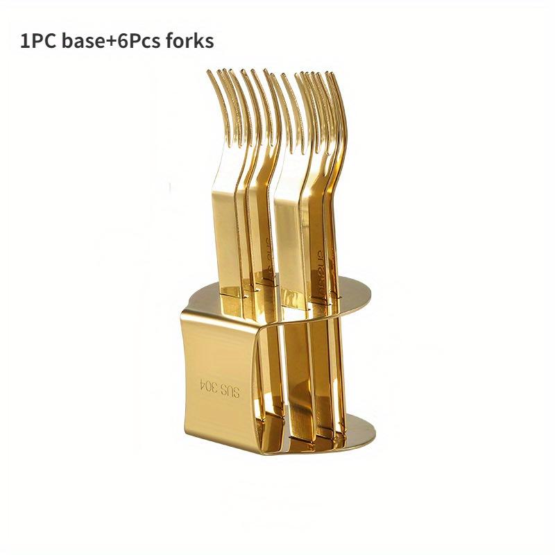 

6 шт./набор фруктовых вилок с подставкой из нержавеющей стали, набор вилок для кофе, чая, торта, десерта, мини-вилки, праздничные столовые приборы золотой