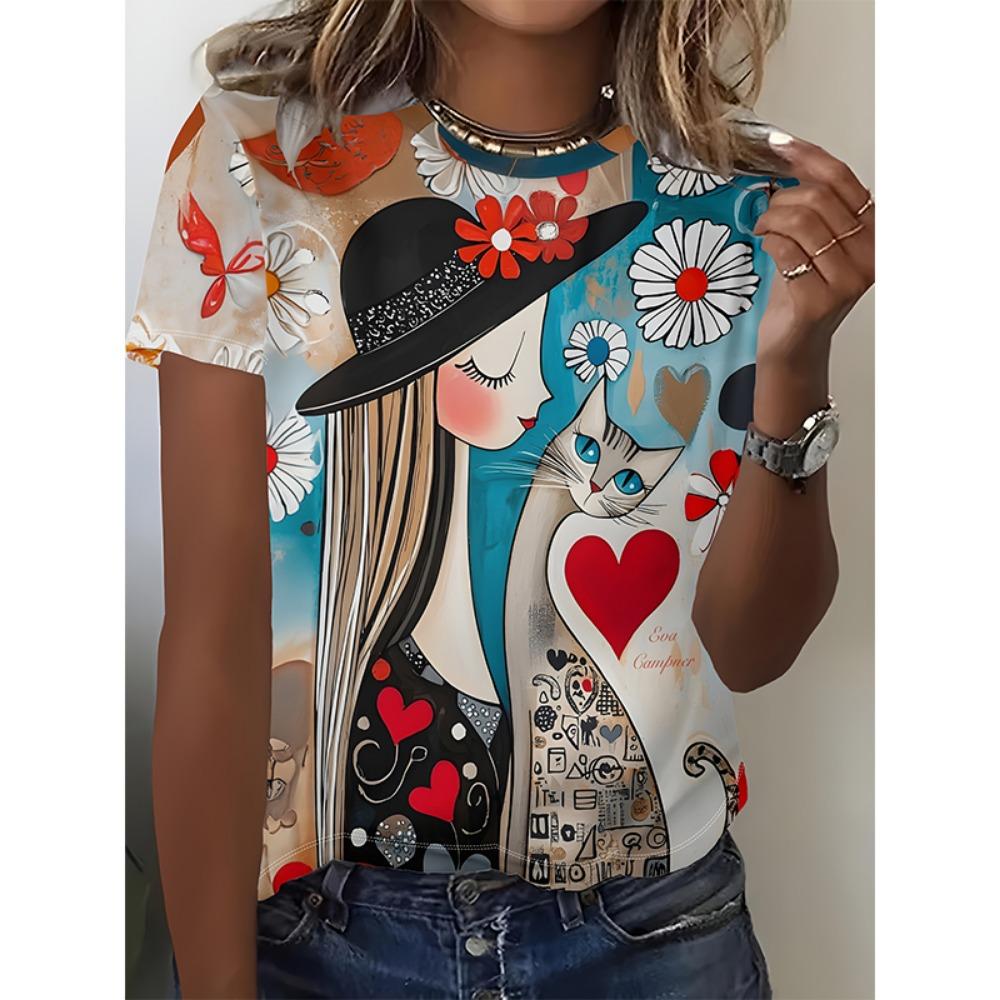 Новая футболка с портретом девушки и кошкой, с цветочным 3D-принтом, женская футболка с круглым вырезом и коротким рукавом, Харадзюку XS