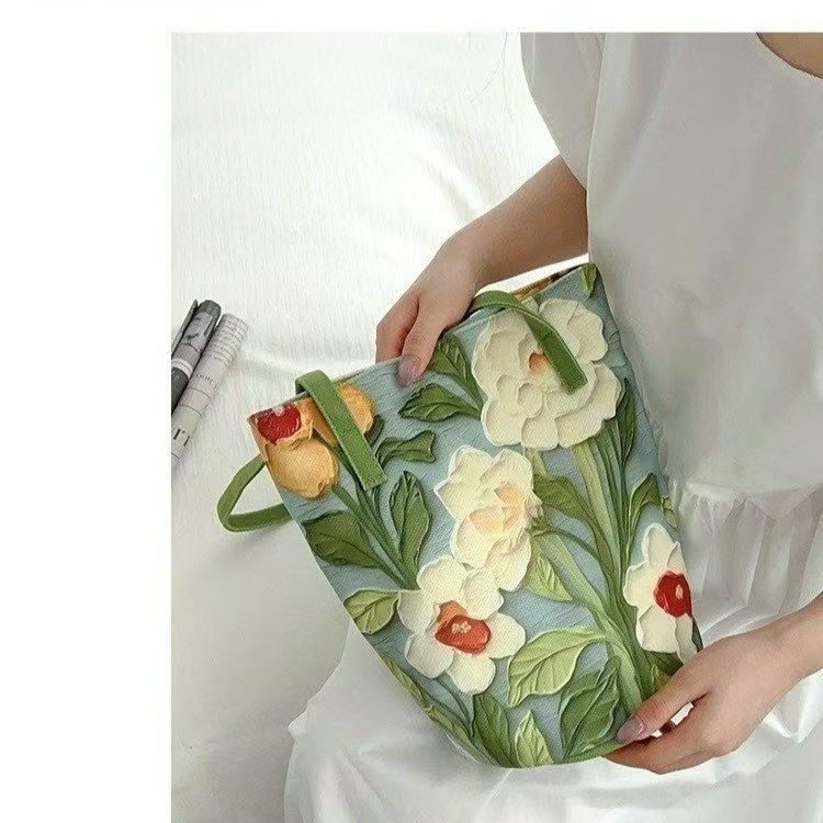 Oxford Cloth Bucket Bag Summer Travel Tote Oil Painting Floral Design Versatile Large Capacity Elegant