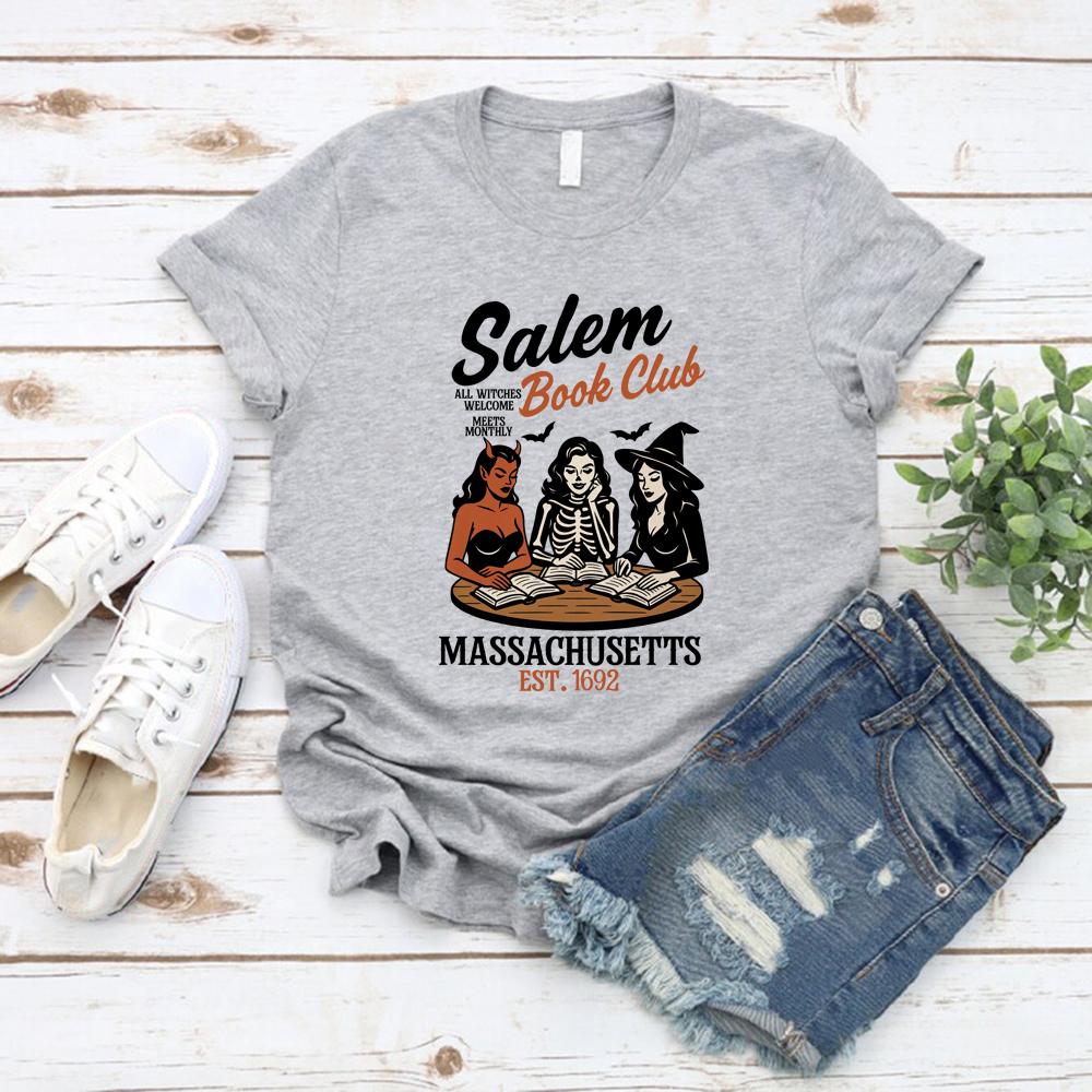 Witchy Book Club T-Shirt Spooky Girl Reading Tshirt Book Lover Halloween T-shirt Casual Women Graphic T Shirts Witches Salem Tee