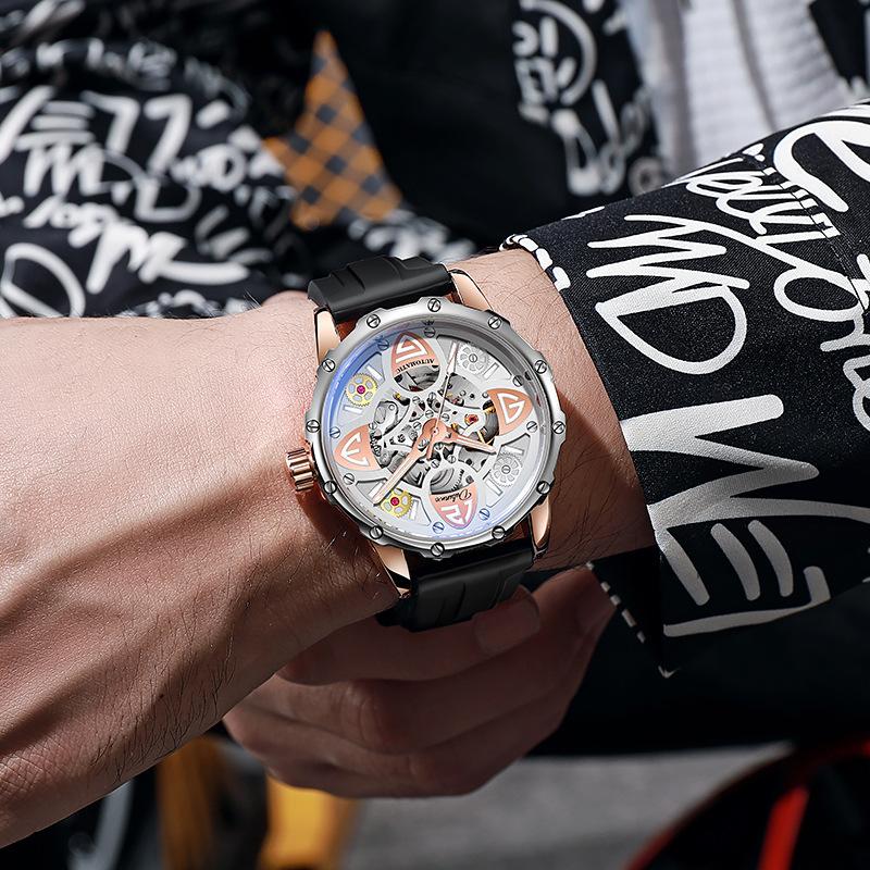Herren-Automatik-Armbanduhr aus Legierung mit Edelstahlarmband, 30M Wasserdichtigkeit, Leuchtzeiger und Zifferblatt, für Freizeit, Business und Sport