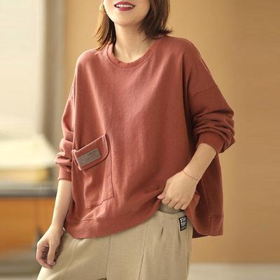 Autunno Donna Trendy Semplice Casual Oversize Streetwear Felpa di Cotone Y2K Donna O Collo Manica Lunga Solido Tasca Pullover Top