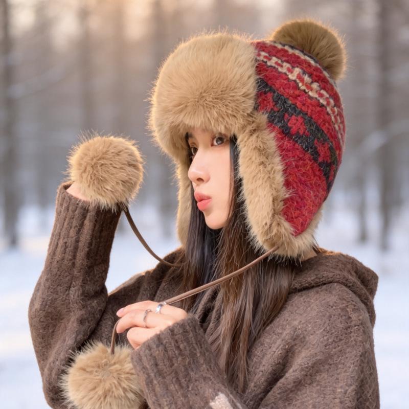 New winter women's warm ear cap thickened pom-pom Lei Feng hat outdoor cold-proof ski cap manufacturer