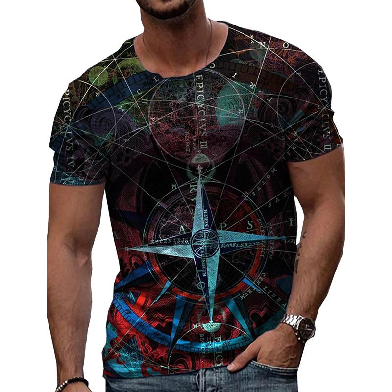 New Summer Men's Fashion T-shirt Personality Color Compass Printed Men's T-shirt Top