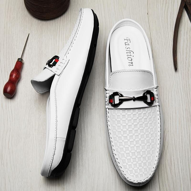 Fashion Fashion Summer Brand Half Slippers Mens Shoes Luxury Brand Man Casual Shoes Genuine Leather Breathable Slip On Half Footwear