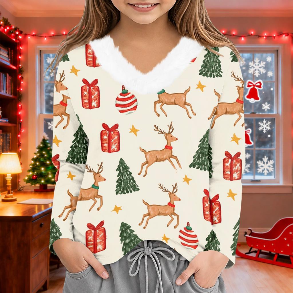 Girls' V-Neck Christmas Print Long Sleeve Thermal Shirt for Winter Base Layer