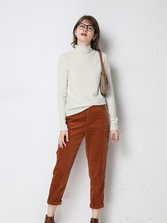 Women's Rolled Hem Half-High Neck 100% Wool Sweater - Stylish Autumn/Winter Base Layer