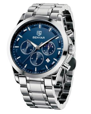 BENYAR Watch Analog Quartz Movement Chronograph Watch Casual Sports Design Stainless Steel Strap 30M Waterproof Elegant Gift for Men Silver Blue Men's