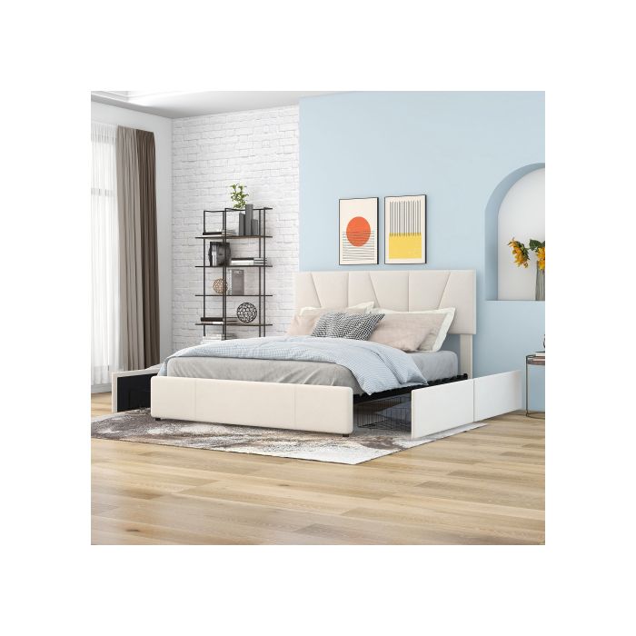 Lit plate-forme - MUVOE - 140x200cm - Beige - Tête de lit réglable - 4 tiroirs de rangement