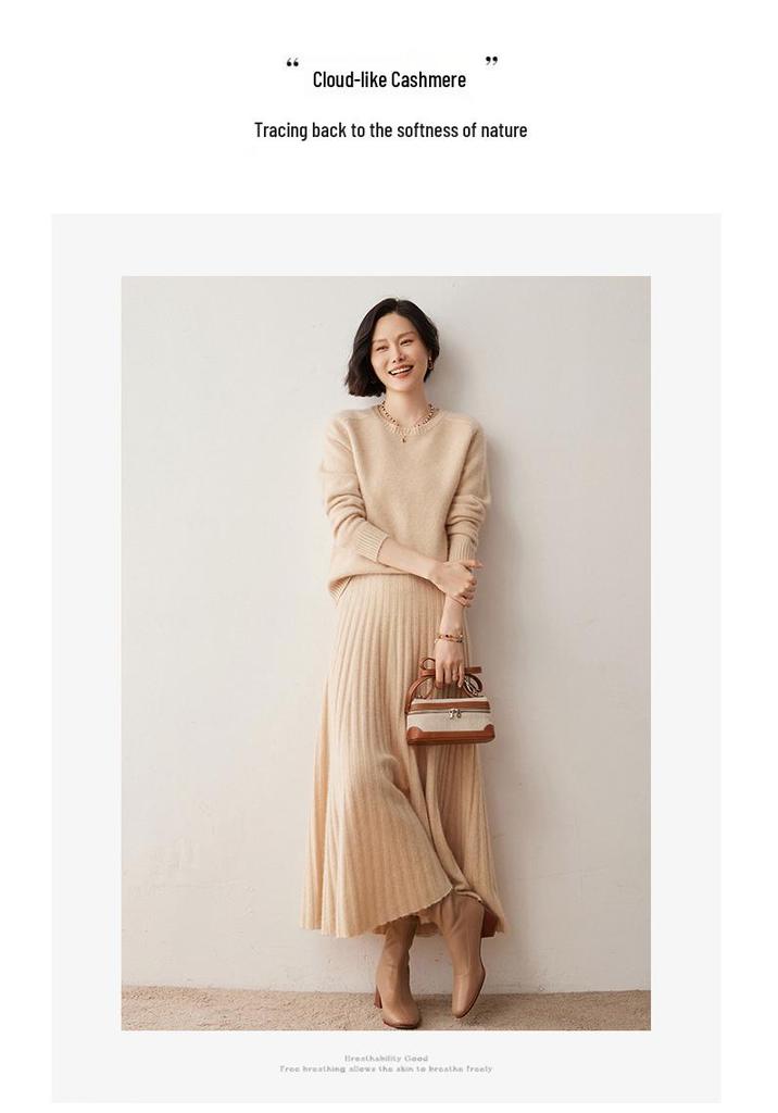 Women's Cashmere Round Neck Sweater: Autumn/Winter Loose Fit with Saddle Shoulder Design, Thick Base Layer.
