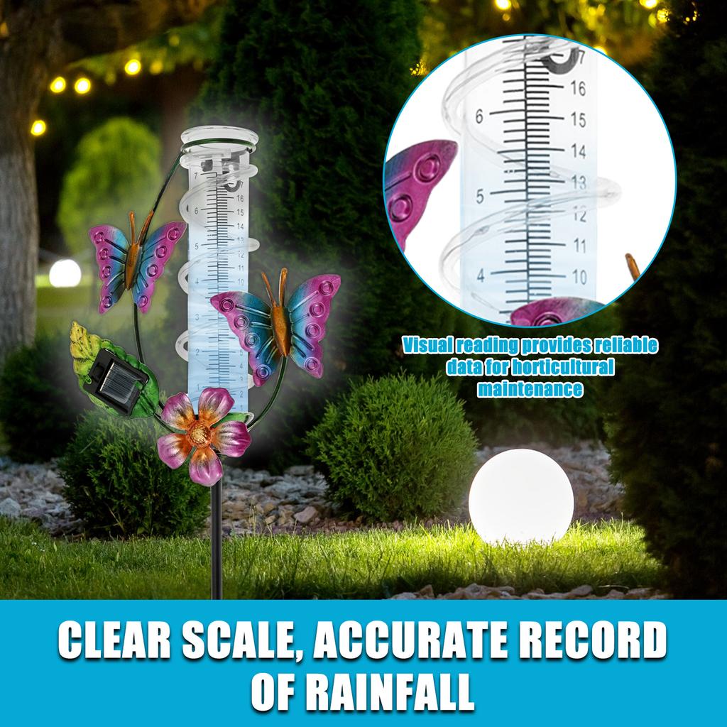 Solar Stake Rain Gauge Precise Butterfly Decor LED Rain Measure Gauge With Iron Stand Weatherproof Rain Water Meter for Garden