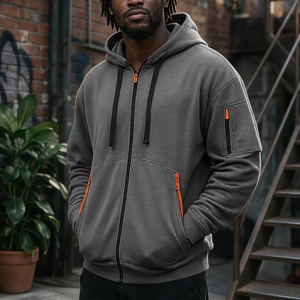 Men's Zip-Up Hooded Jacket with Multiple Pockets Athletic Casual Top for Daily Wear