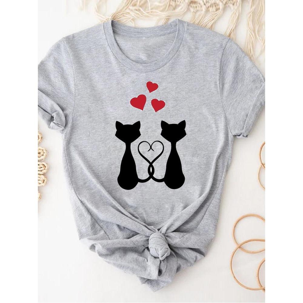 Print T Shirt Short Sleeve Summer Clothes Women Clothing Gray Owl Love Style Trend Cute Basic Tee Top Fashion Graphic T-shirt